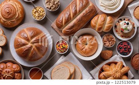 Selection of different types of bread with various sauces as a side dish and light meal as a starter 122513079