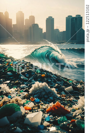 Close-up of polluted beach sections due to plastic waste entering the ecosystem and insufficient recycling -ai generated 122513102