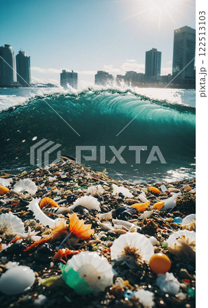 Close-up of polluted beach sections due to plastic waste entering the ecosystem and insufficient recycling -ai generated 122513103
