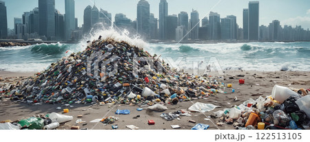 Close-up of polluted beach sections due to plastic waste entering the ecosystem and insufficient recycling -ai generated 122513105