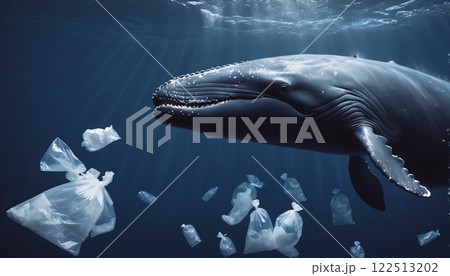 Whale in its natural habitat surrounded by man-made waste and plastic waste, pollution of the oceans and damage and destruction of ecosystems Whale in its natural habitat surrounded by man-made waste and plastic waste, pollution of the oceans and damage and destruction of ecosystems 122513202