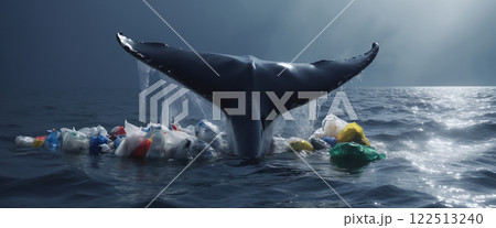 Whale in its natural habitat surrounded by man-made waste and plastic waste, pollution of the oceans and damage and destruction of ecosystems 122513240