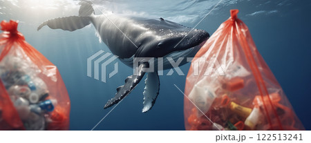 Whale in its natural habitat surrounded by man-made waste and plastic waste, pollution of the oceans and damage and destruction of ecosystems 122513241