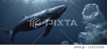 Whale in its natural habitat surrounded by man-made waste and plastic waste, pollution of the oceans and damage and destruction of ecosystems 122513242