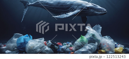 Whale in its natural habitat surrounded by man-made waste and plastic waste, pollution of the oceans and damage and destruction of ecosystems 122513243