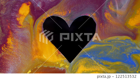 Valentine heart paint. Geometric shape. Defocused yellow purple multicolor particles black frame marble texture ink blend on abstract art romantic background. 122513532