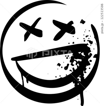 Smile graffiti spray. Black ink drop face. Grunge urban character. Airbrush sketch sticker Smile graffiti spray. Black ink drop face. Grunge urban character. Airbrush sketch sticker 122513586