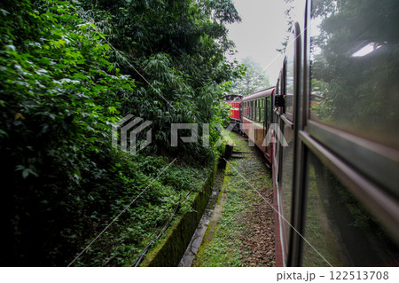 Alishan,taiwan-October 14,2018:Red train run in foggy day at alishan line on alishan mountain,taiwan. 122513708