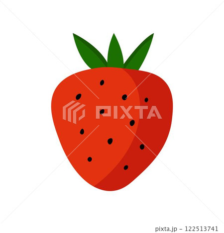 Minimalistic illustration of red strawberry with black seeds and green leaves. 122513741