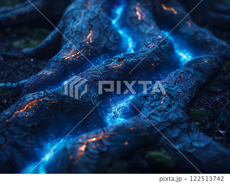 Mysterious and Mystical Glowing Tree Roots Found in the Enchanted Forest Environment 122513742