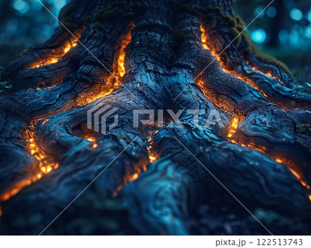 The Illuminated Roots of a Mystical Tree in the Enchanted Forest, full of wonder 122513743