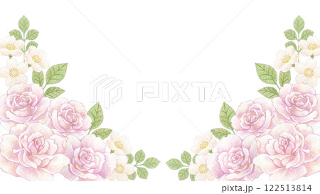 淡いピンクのバラの花の色鉛筆画イラスト 横長フレームのイラスト素材