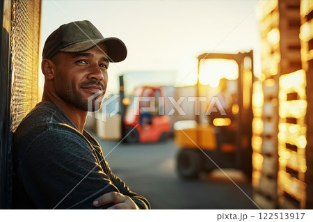 African American truck driver, early 30s, leaning against wall in  warehouse yard, with forklifts moving pallets in background at sunset. 122513917