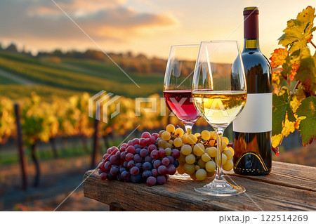 Vineyard Sunset. Two wine glasses with red and white wine 122514269
