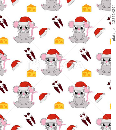 Rat mouse in santa hat vector background. Seamless pattern. Vector Great for packaging, banner, poster, print, textile, festive decoration. Chinese zodiac sign Year of Rat 2032 122514294