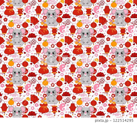 Lunar New Year 2032 mouse rat vector Seamless Pattern.  Red Lantern and Fortune Elements. CNY Background for Wallpapers, Arcade Games and Festive Decor Celebrations. 122514295