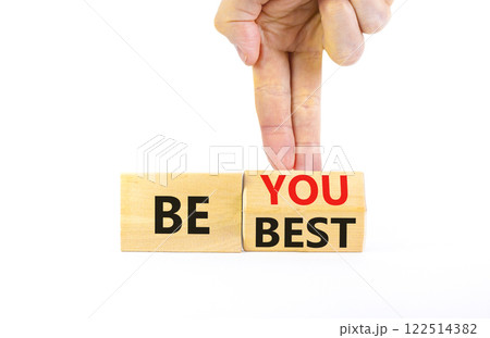 Motivational be you and best symbol. Concept words Be you Be best on beautiful wooden block. Beautiful white background Businessman hand. Business motivational be you and best concept. Copy space. Motivational be you and best symbol. Concept words Be you Be best on beautiful wooden block. Beautiful white background Businessman hand. Business motivational be you and best concept. Copy space. 122514382