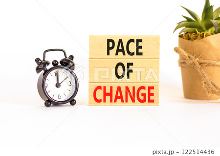 Pace of change symbol. Concept words Pace of change on beautiful wooden blocks. Beautiful white background. Black alarm clock. Business pace of change concept. Copy space. 122514436