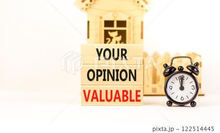 Your opinion valuable symbol. Concept words Your opinion valuable on beautiful wooden blocks. Beautiful white background. Black alarm clock. Business your opinion valuable concept. Copy space. Your opinion valuable symbol. Concept words Your opinion valuable on beautiful wooden blocks. Beautiful white background. Black alarm clock. Business your opinion valuable concept. Copy space. 122514445