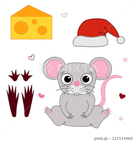 a mouse rat grey graphic line vector illustration set. Cute animal with cheese, santa hat and footstep isolated. Chinese lunar new year, lantern festival mascot 2032 122514460
