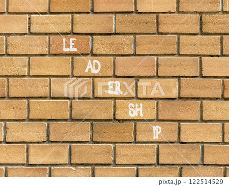 Leadership symbol. Concept word Leadership on beautiful brown bricks. Beautiful brown brick wall background. Business leadership concept. Copy space. 122514529