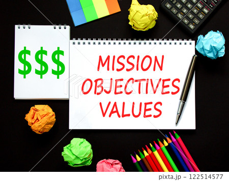 Mission objectives values symbol. Concept words Mission Objectives Values on beautiful white note. Beautiful black background. Black calculator. Business mission objectives values concept. Copy space 122514577
