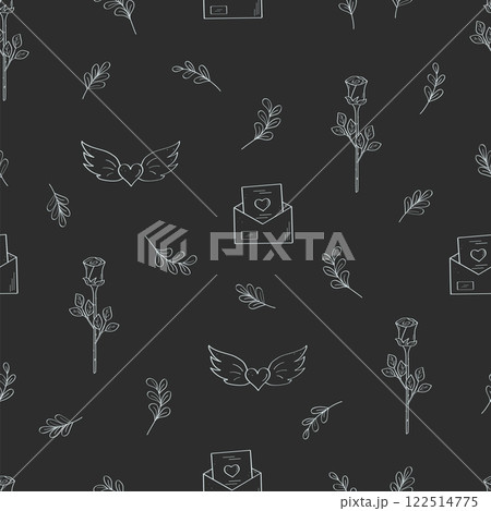 Seamless pattern of love symbols. Background concept of valentine's day or wedding. A rose flower and a confession envelope. Seamless pattern of love symbols. Background concept of valentine's day or wedding. A rose flower and a confession envelope. 122514775