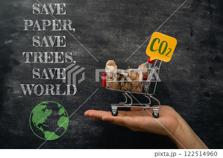Hand holding a shopping cart with a sign that says Save Paper 122514960
