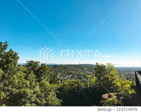 Beautiful blue sky with a mountain in the background 122514976