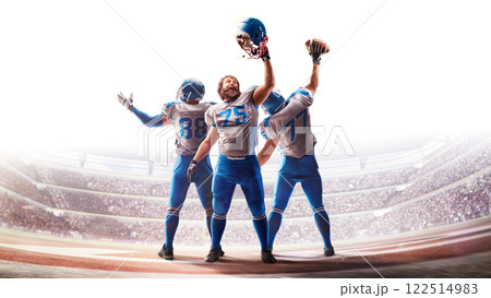 Sports banner for bookmakers. Sports victory. American football players celebrate a victory in a large stadium. The stands are full of fans. Isolated 122514983