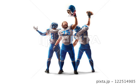 American Football. Victory. American football players celebrate victory. Bookmakers. Concept of human emotions and facial expressions. Sports victory 122514985