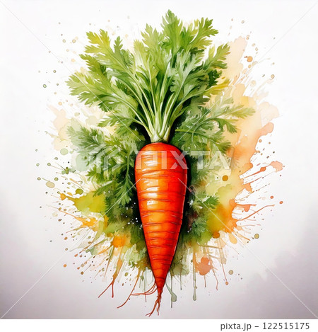 Vibrant Carrot with Green Leaves and Watercolor Splashes Vibrant Carrot with Green Leaves and Watercolor Splashes 122515175