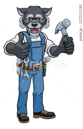 Wolf Mascot Carpenter Handyman Holding Hammer Wolf Mascot Carpenter Handyman Holding Hammer 122515293