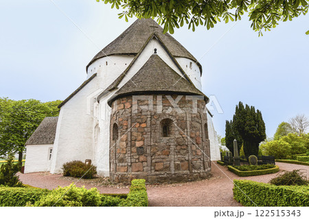 White round Osterlars church on the island of Bornholm, Denmark. 122515343