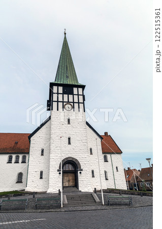 Ancient street and the white church of the city of Ronne, Bornholm Island, Denmark Ancient street and the white church of the city of Ronne, Bornholm Island, Denmark 122515361