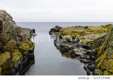 Coast line of sea. Stones covered with yellow and green moss and cloudy sky. Coast line of sea. Stones covered with yellow and green moss and cloudy sky. 122515406