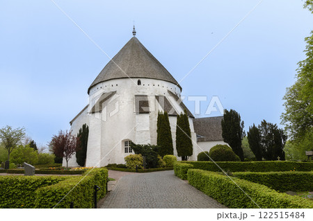 White round Osterlars church on the island of Bornholm, Denmark. 122515484