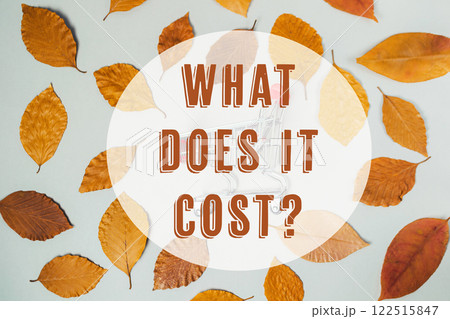 Close up of autumn leaves with the words What does it cost written below 122515847