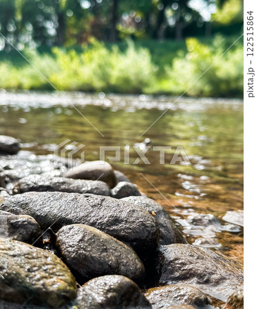 Rocky shoreline with a body of water in the background Rocky shoreline with a body of water in the background 122515864
