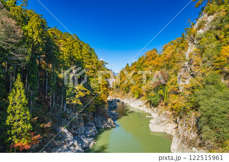 飯田市の名勝天龍峡の紅葉の木々と天竜川の風景(長野県) 飯田市の名勝天龍峡の紅葉の木々と天竜川の風景(長野県) 122515961