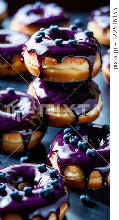A tempting stack of freshly made blueberry wildberry donuts drizzled with rich glaze, showcasing vibrant berries on top, perfect for dessert cravings at any time of the day. Generative AI 122516155