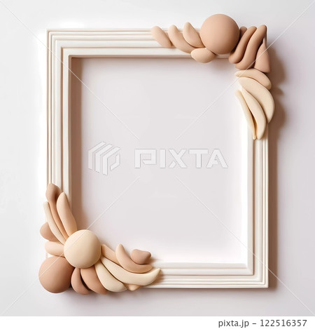 Decorative frame features intricate designs crafted from play dough in soft beige and white tones, ideal for showcasing artworks or special memories. Generative AI 122516357