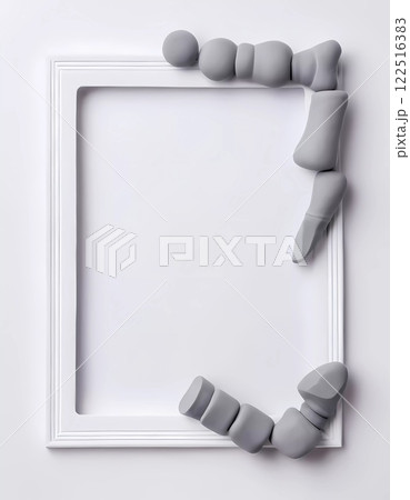 Abstract design featuring a rectangular frame with gray shapes arranged along one side against a white gray background, ideal for showcasing art or creativity. Generative AI 122516383