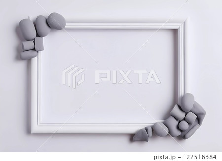 Empty rectangular frame sits against a white gray abstract background, enhanced by smooth gray shapes arranged in the corners, inviting creativity and artistic thoughts. Generative AI 122516384