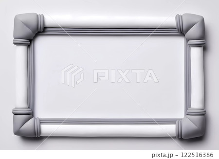 This artwork features a rectangular frame in white and gray tones, designed with a minimalist aesthetic. The center remains empty, allowing for personalization. Generative AI 122516386