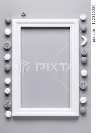A blank rectangular frame rests on a soft gray background, surrounded by circular and rolled gray and white elements for an artistic presentation. Generative AI 122516389