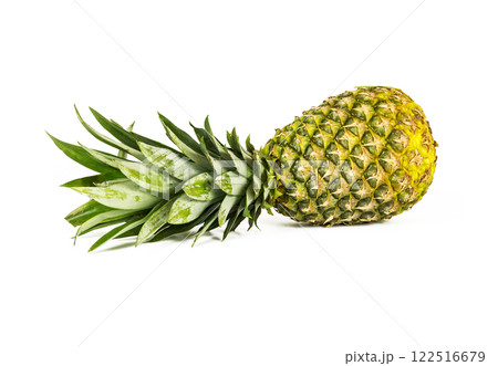 A large ripe pineapple lies on a white background A large ripe pineapple lies on a white background 122516679