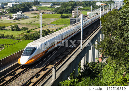 Overlooking view of the Taiwan High Speed Rail trains passing the Waipu of Taichung in Taiwan, It is the only high-speed railway in Taiwan. Overlooking view of the Taiwan High Speed Rail trains passing the Waipu of Taichung in Taiwan, It is the only high-speed railway in Taiwan. 122516819