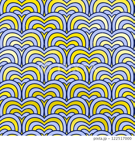 Seamless pattern with blue wavy lines in the shape of a heart on a yellow background. 122517000