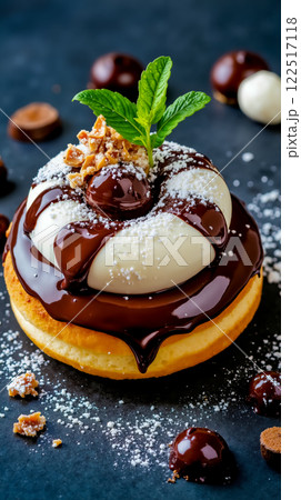 A dessert with chocolate sauce and ice cream on top of it A dessert with chocolate sauce and ice cream on top of it 122517118